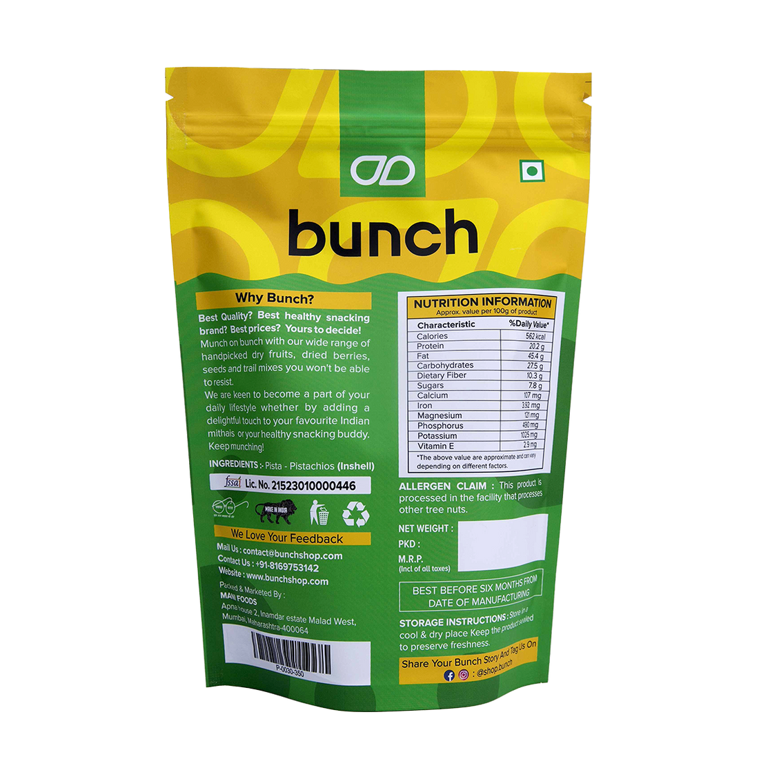Bunch Premium Roasted Pistachios (Pista) | Healthy  Snack | Crunchy & Protein Rich Nuts