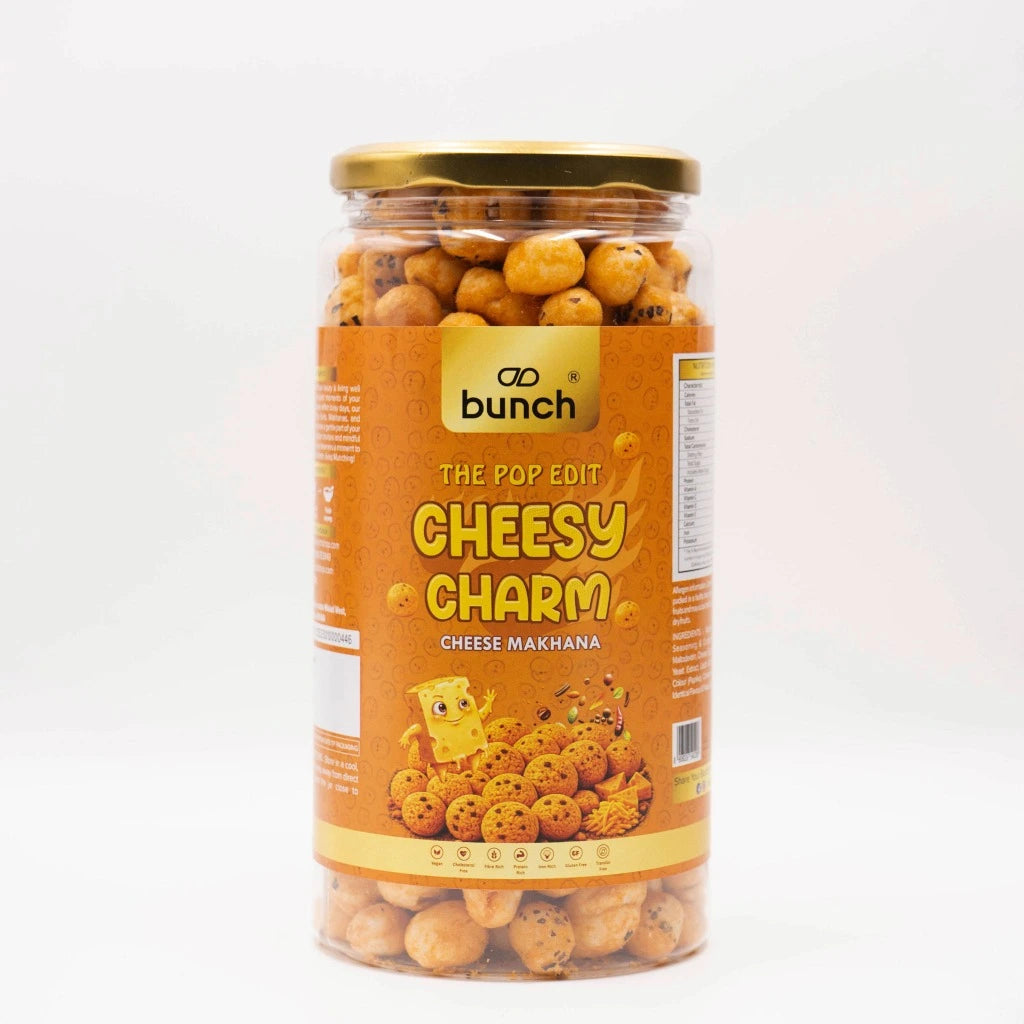 Pop Edit Cheesy Charm – Cheese Makhana 100g Jar | Roasted Fox Nuts in Olive Oil