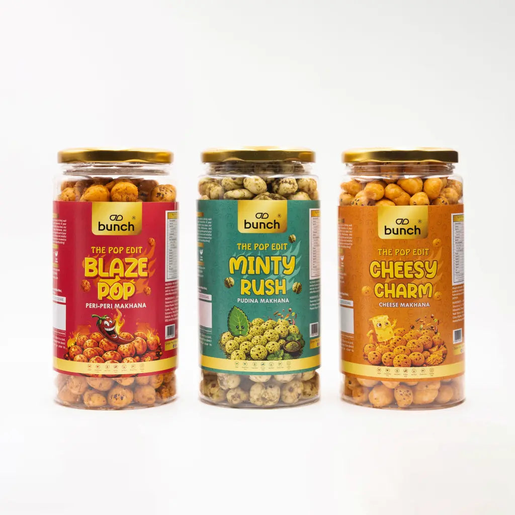 Pop Edit  Makhana Combo – Peri Peri, Pudina & Cheese - 300g | Flavoured Foxnuts | Roasted Makhana Snack Pack