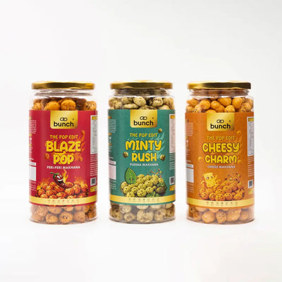 Pop Edit  Makhana Combo – Peri Peri, Pudina & Cheese - 300g | Flavoured Foxnuts | Roasted Makhana Snack Pack