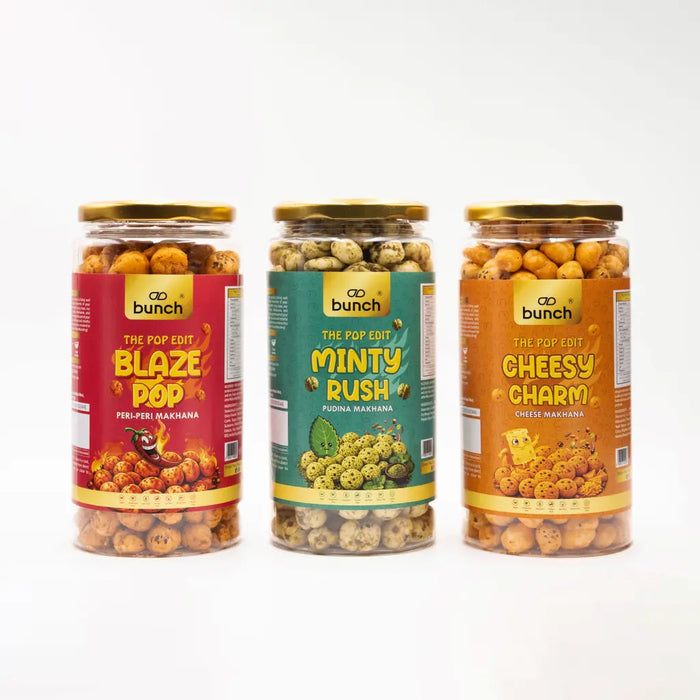 Pop Edit  Makhana Combo – Peri Peri, Pudina & Cheese - 300g | Flavoured Foxnuts | Roasted Makhana Snack Pack