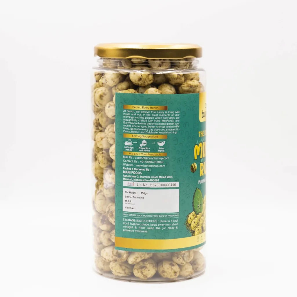 Pop Edit Minty Rush Makhana 100g Jar | Pudina Flavoured Roasted Fox Nuts | Roasted in Olive Oil | High Protein Healthy Snack