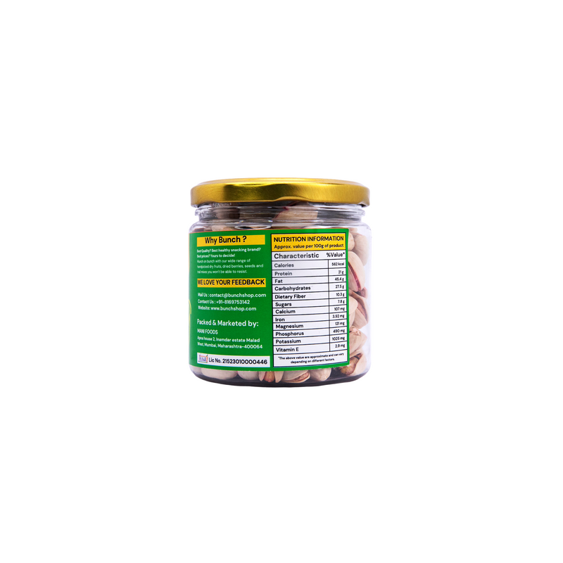 Bunch Premium Roasted Pistachios (Pista) Jar | Healthy Dry Fruit Snack | Crunchy & Protein Rich Nuts