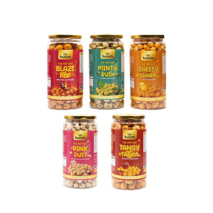Bunch All Flavours Makhana Combo – 5 Flavours 500g | Himalayan Salt, Peri Peri, Pudina, Tangy Tomato & Cheese | Roasted Fox Nuts Snack500gm