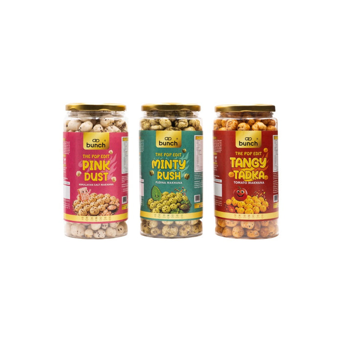 Pop Edit  Makhana Combo – Pink Salted , Pudina & Tangy Tomato - 300g | Flavoured Foxnuts | Roasted Makhana Snack Pack